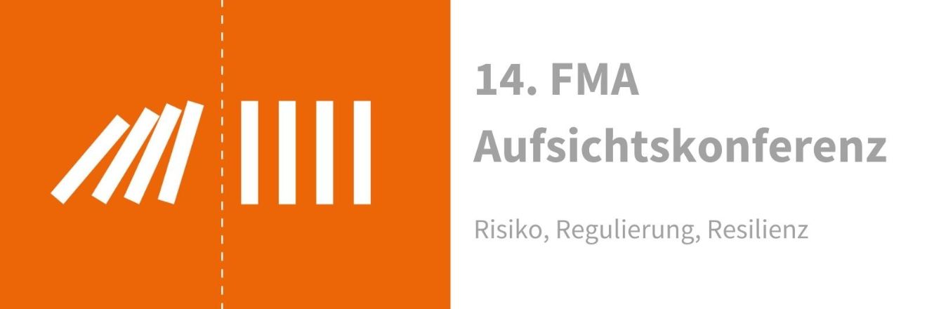 Logo und Schriftzug auf orange-weißen Hintergrund