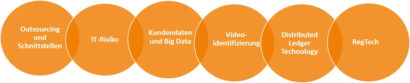 neue Themen: Outsourcing und Schnittstellen, IT-Risiko, Kundendaten und Big Data, Videoidentifizierung, Distributed Ledger Technology, RegTech