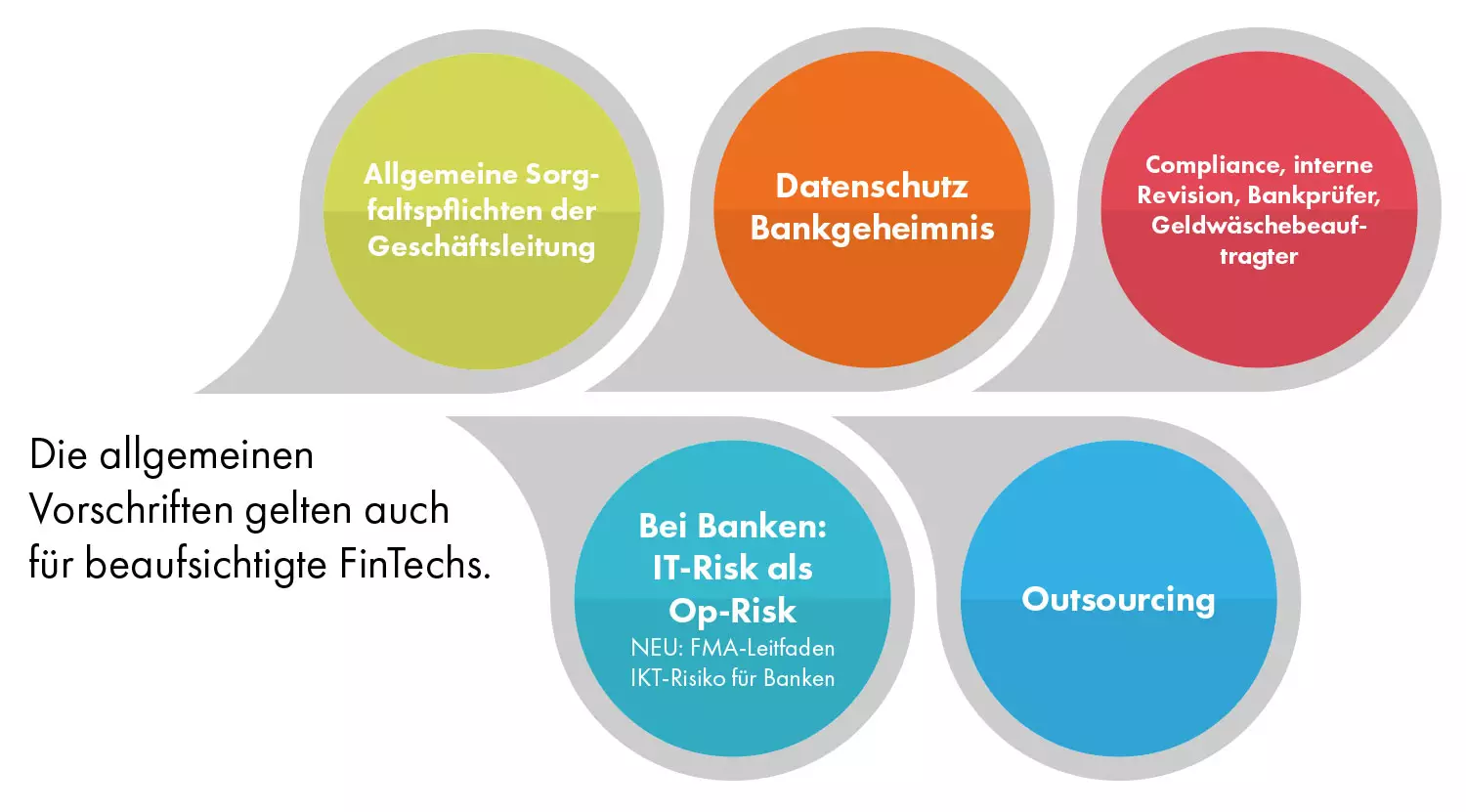 Die allgemeinen Vorschriften gelten auch für beaufsichtigte FinTechs. Allgemeine Sorgfaltspflichten der Geschäftsleitung, Datenschutz Bankgeheimnis, Compliance, IT-Risk als Op-Risk, Outsourcing